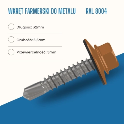 Wkręt farmerski do metalu 5,5x32 mm przewiercalność 5 mm w kolorze RAL 8004